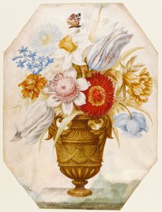 Stilleben av blomster i en vase som står på en avsats med en sommerfugl hvilende på narcissi (wc und gouache på vellum)